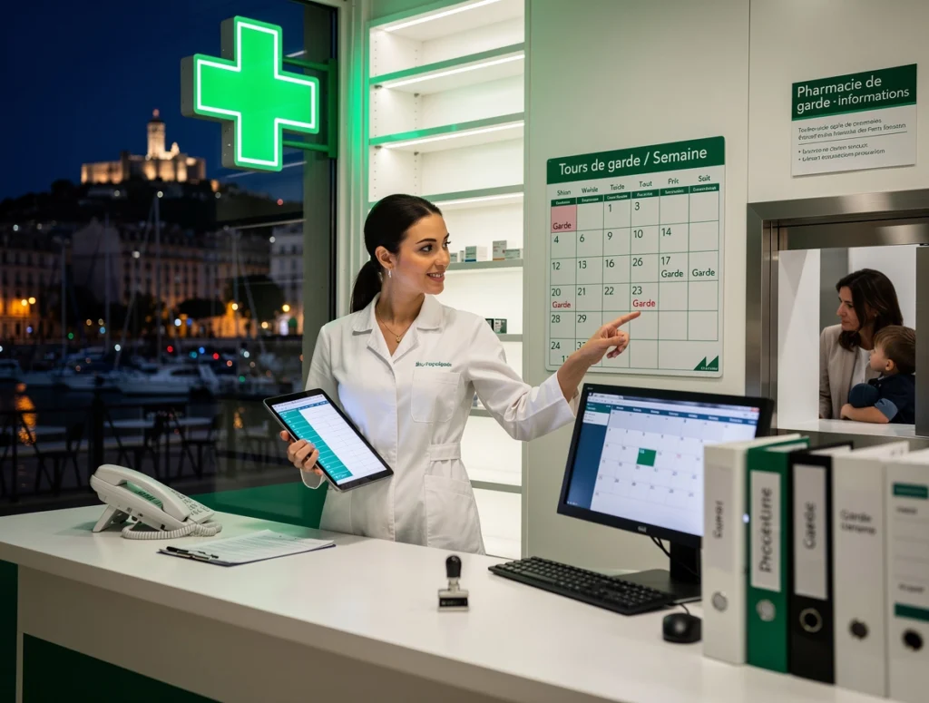une pharmacienne se tient au comptoir de la pharmacie et pointe son doigt vers le planning des pharmacies de garde