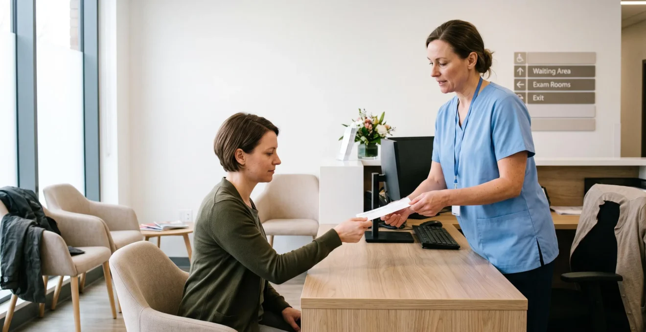 Une hôtesse d'accueil remet un document à un patient à la réception d'un cabinet médical moderne.
