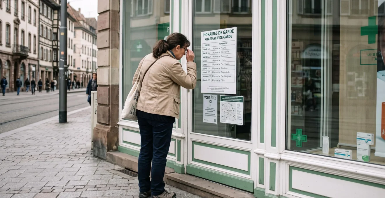 Personne consultant l'affichage des pharmacies de garde sur la vitrine d'une pharmacie à Strasbourg