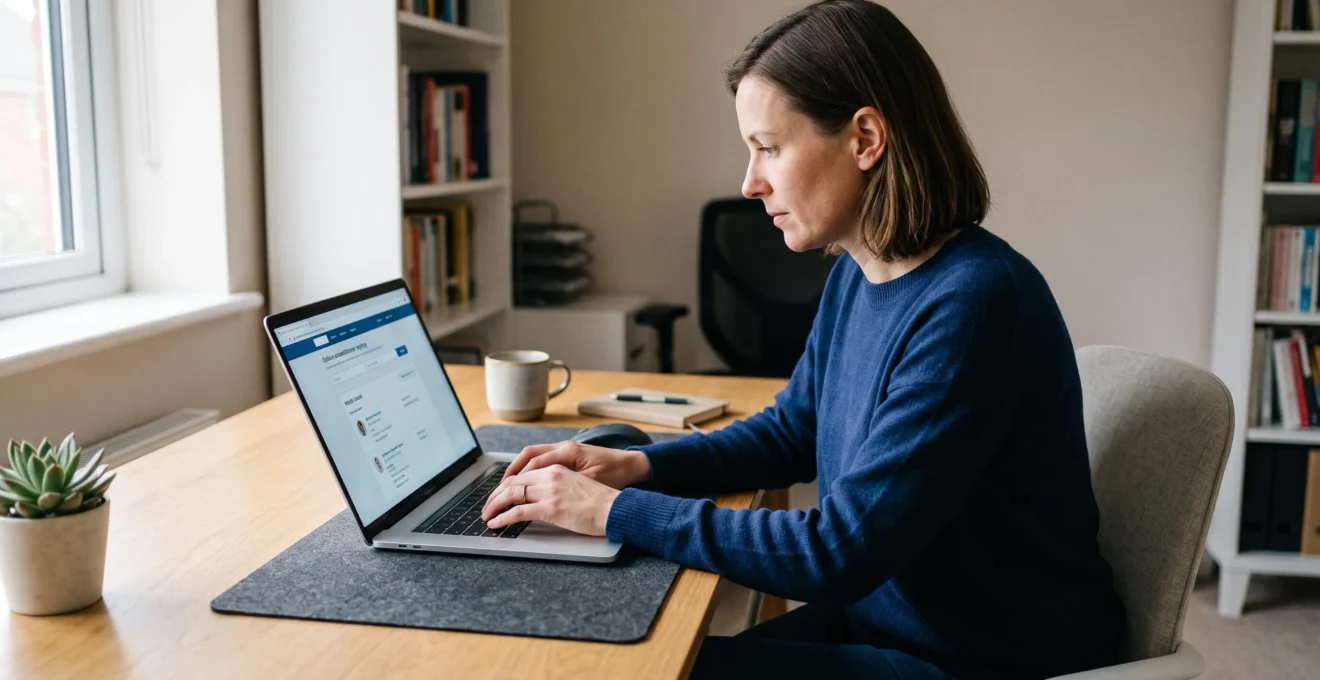 Personne consultant un annuaire en ligne de l'Ordre des médecins sur un ordinateur portable pour vérifier l'inscription d'un médecin