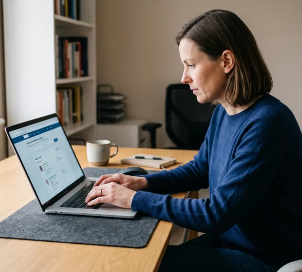 Personne consultant un annuaire en ligne de l'Ordre des médecins sur un ordinateur portable pour vérifier l'inscription d'un médecin