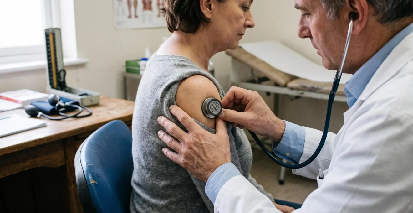 Gros plan sur les mains d'un médecin auscultant un patient au stéthoscope dans une salle de consultation.