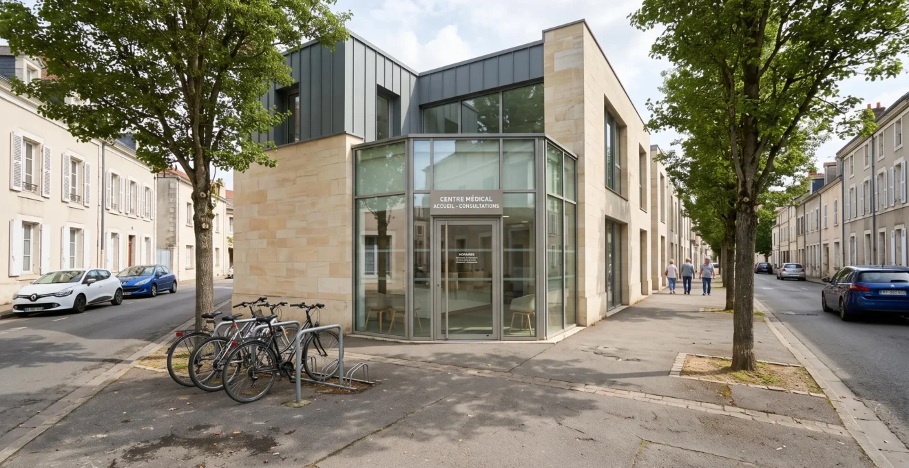 Façade moderne d'un cabinet médical de soins non programmés en milieu urbain français, avec entrée vitrée et rue calme.