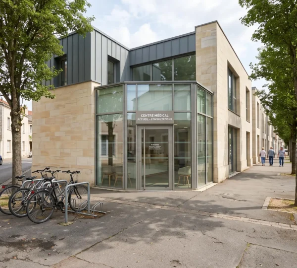 Façade moderne d'un cabinet médical de soins non programmés en milieu urbain français, avec entrée vitrée et rue calme.