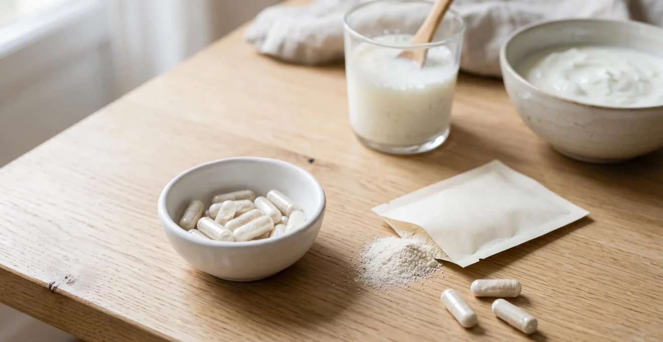 Various probiotic supplement formats including capsules and powder arranged on a light surface with fermented foods in the background.