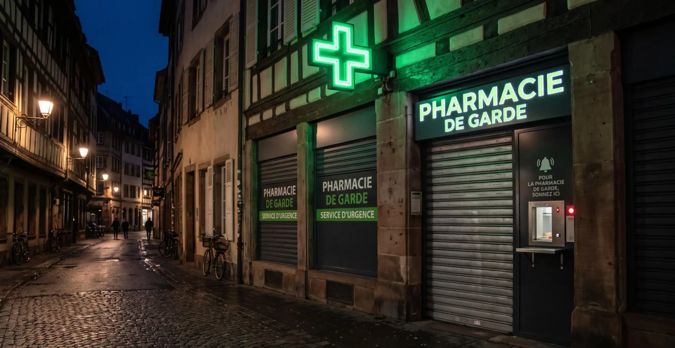 Devanture d'une pharmacie de garde illuminée la nuit à Strasbourg avec croix verte éclairée et signalisation de service d'urgence