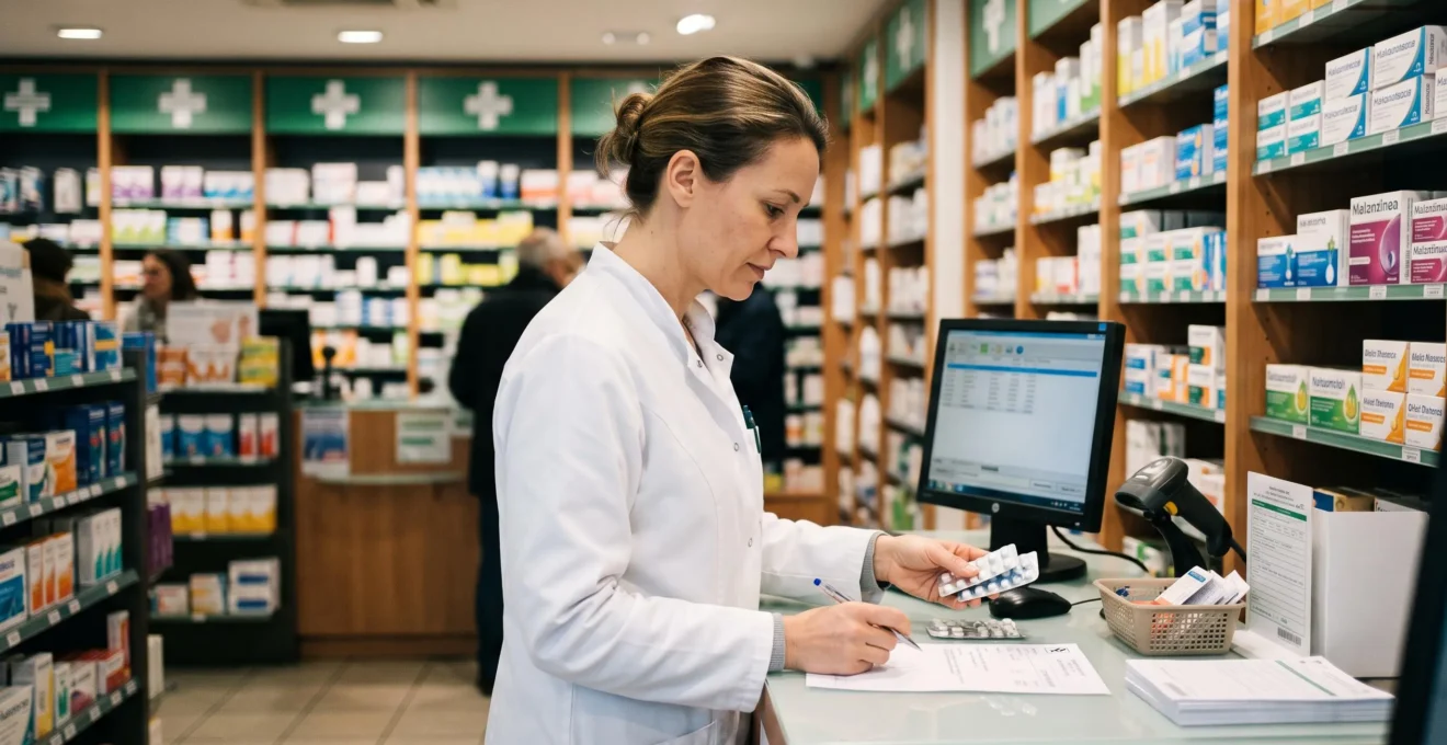 Pharmacien en blouse blanche préparant des médicaments au comptoir d'une pharmacie de garde