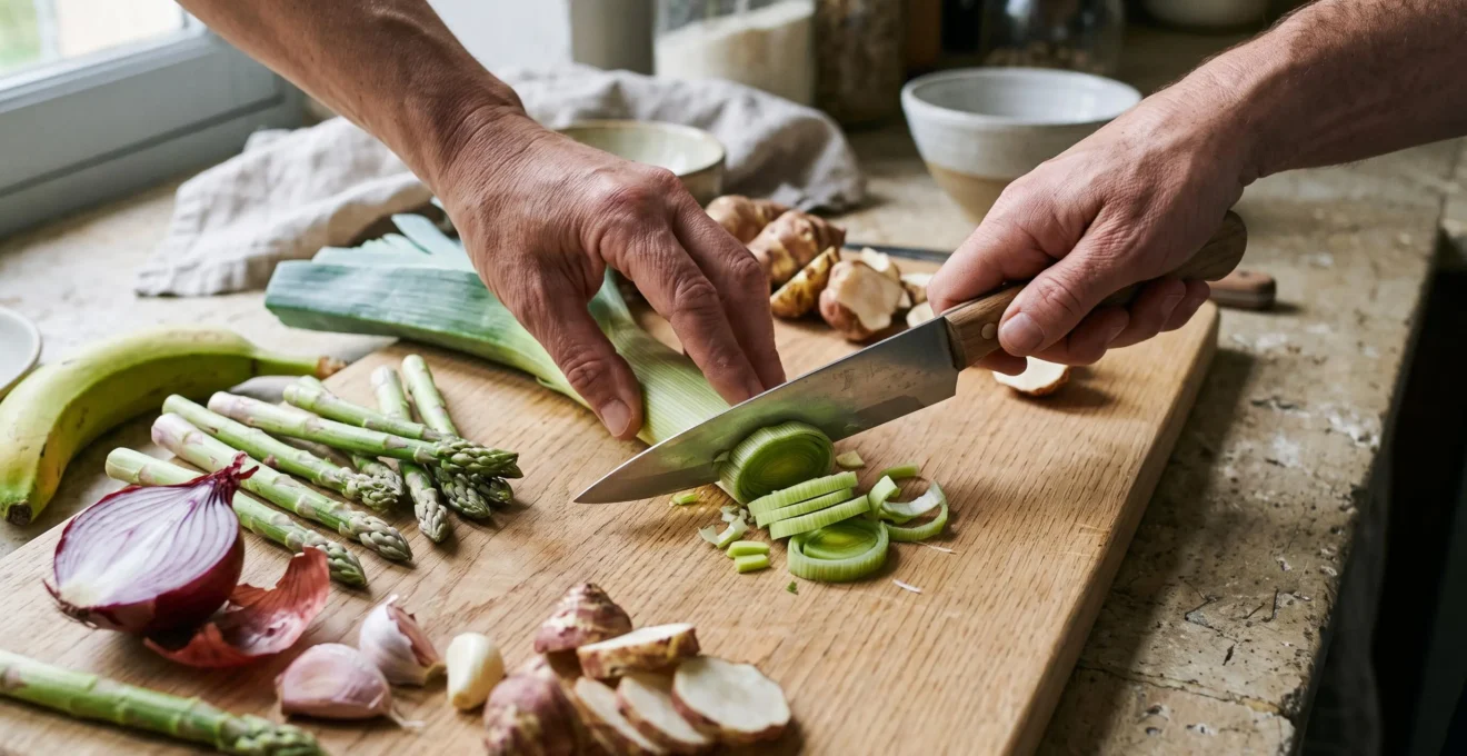 Hands cutting prebiotic-rich vegetables including leeks, asparagus and onions on a wooden cutting board.