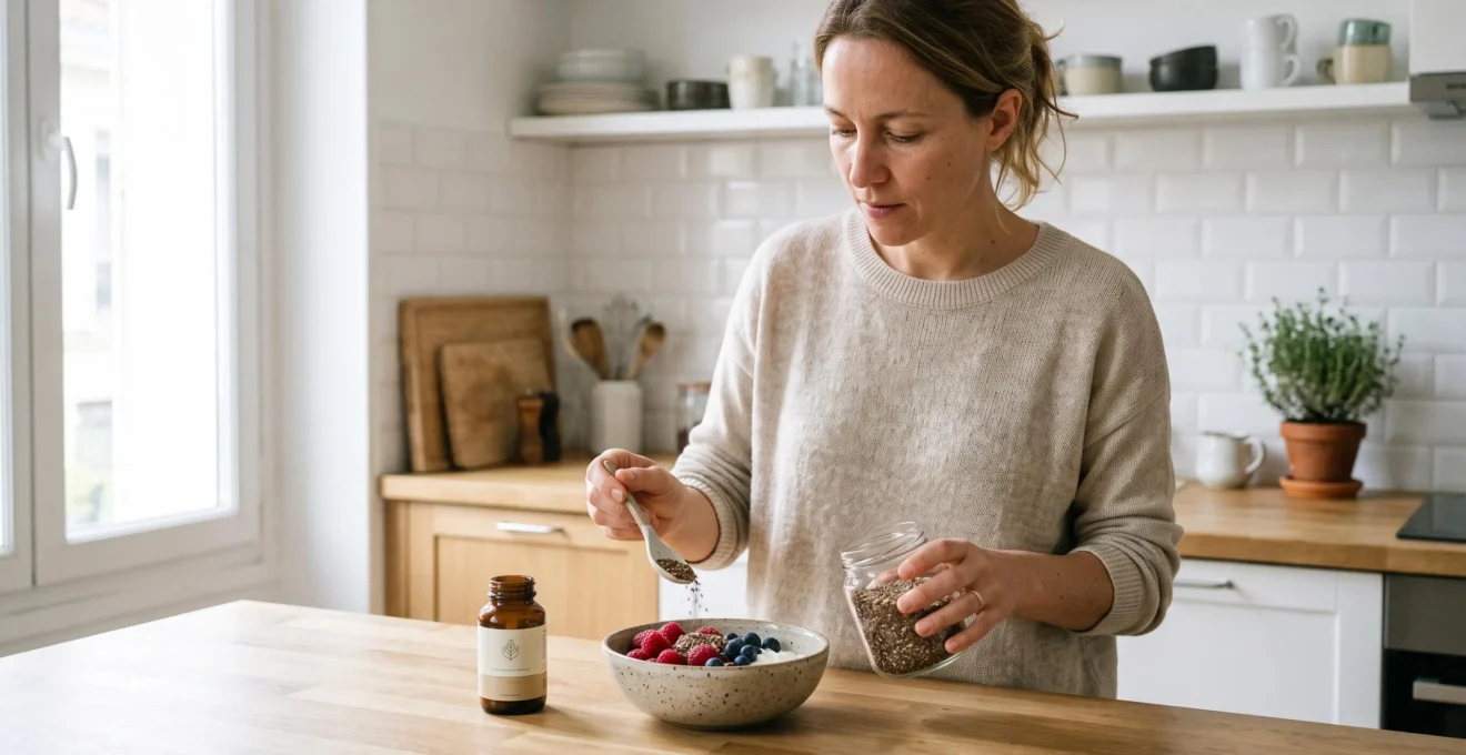 Woman preparing a breakfast bowl with yogurt, berries, and seeds in a modern kitchen with probiotic supplements nearby.