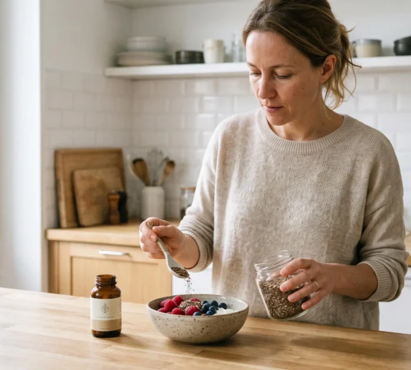 Woman preparing a breakfast bowl with yogurt, berries, and seeds in a modern kitchen with probiotic supplements nearby.