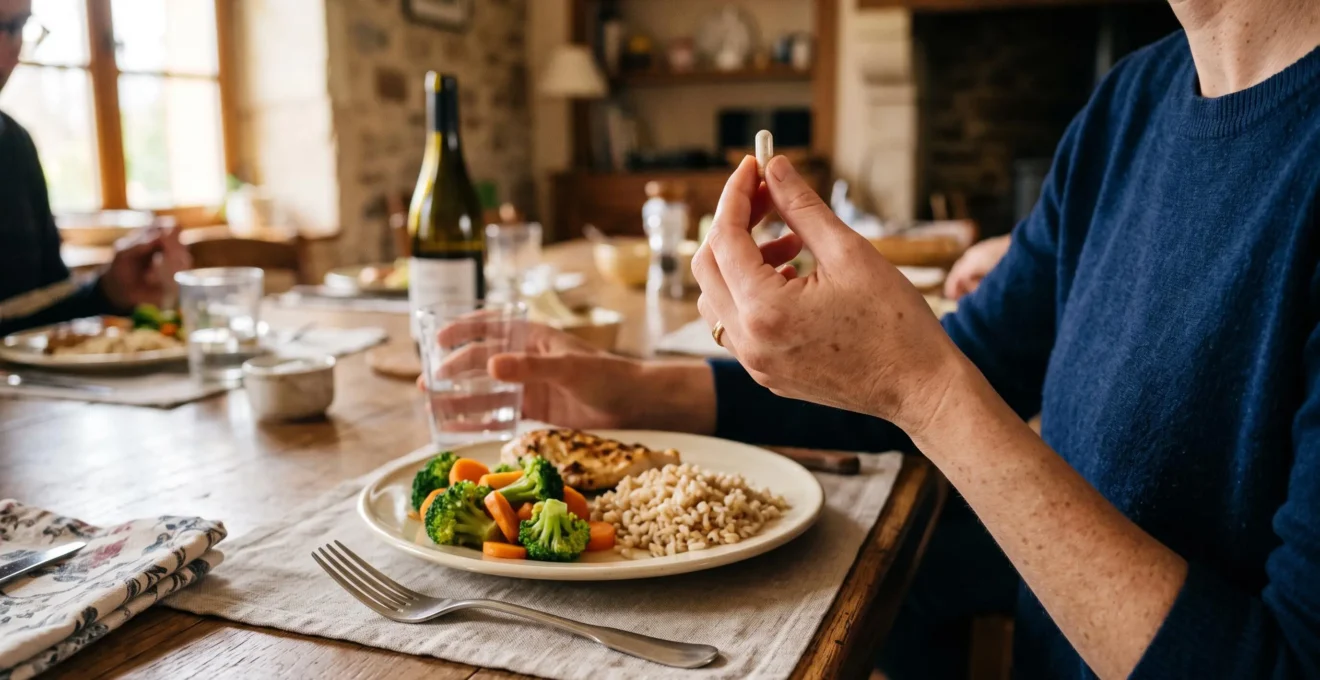 Person's hands holding a probiotic capsule and glass of water at a dining table with a balanced meal visible.